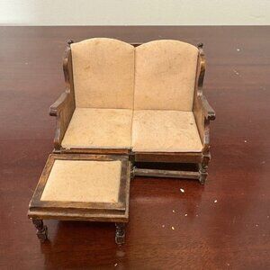 Antique Miniature Dollhouse Furniture Padded Parlour Bench Love Seat & Stool
